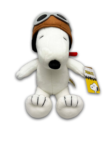 Snoopy plush wearing an aviator helmet and goggles.